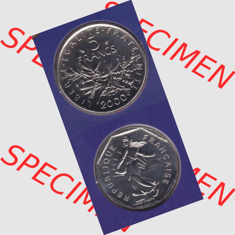 Münze Frankreich 2000, 5 Francs. Vorderseite und Rückseite vertikal auf einen digitalen Bild der alten französischen Umlaufmünze aus Frankreich in der Francs-Währung... Sammlung
