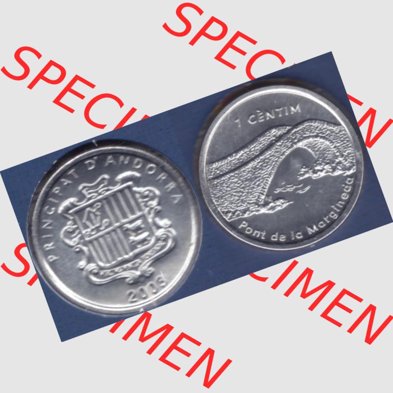 Münzen Andorra Sammlermünze aus KMS 2003, 1 Centime, Brücke von Margineda. Vorderseite und Rückseite horizontal auf einen digitalen Bild der alten Diner Umlaufmünze... Sammlung