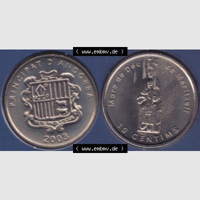 Münzen Andorra Sammlermünze aus KMS 2003, 10 Centims, Jungfrau von Meritxell. Vorderseite und Rückseite horizontal auf einen digitalen Bild der alten Diner Umlaufmünze... Sammlung
