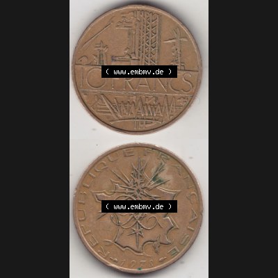 Münze Frankreich 1974-1987, 10 Franken-Francs 1978 III.. Vorderseite und Rückseite vertikal auf einen digitalen Bild der alten französischen Umlaufmünze aus Frankreich... Sammlung