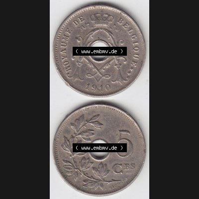 Münzen Belgien Umlaufmünze 1910-1932, 5 Ces, Centimes Koninkrijk Belgie. Vorderseite und Rückseite vertikal auf einen digitalen Bild der alten belgischen Francs Umlaufmünze... Sammlung
