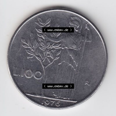 Münzen Italien Umlaufmünze 1955-1989, 100 Lire, Lira 1976. Rückseite der alten italienischen Münze aus Italien in der italienischen Lira-Währung zum katalogisieren... Sammlung