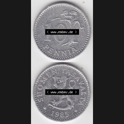 Münzen Finnland Umlaufmünze 1983-1990, 10 Penniä 1985. Vorderseite und Rückseite vertikal auf einen digitalen Bild der alten finnischen Umlaufmünze aus Finnland SUOMI... Sammlung