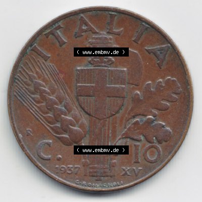 Münzen Italien Umlaufmünze 1936-1939, 10 Centesimi 1937. Rückseite der alten italienischen Münze aus Italien in der italienischen Lira-Währung zum katalogisieren und... Sammlung