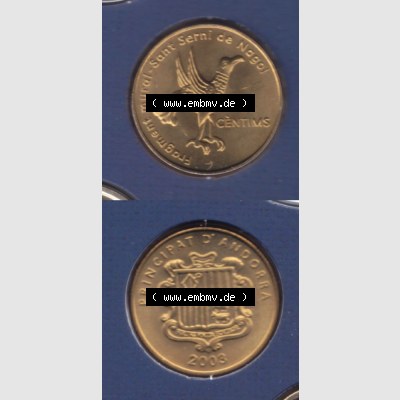 Münzen Andorra Sammlermünze aus KMS 2003, 5 Centimes, Sant Serni Kirche in Nagol. Vorderseite und Rückseite vertikal auf einen digitalen Bild der alten Diner Umlaufmünze... Sammlung