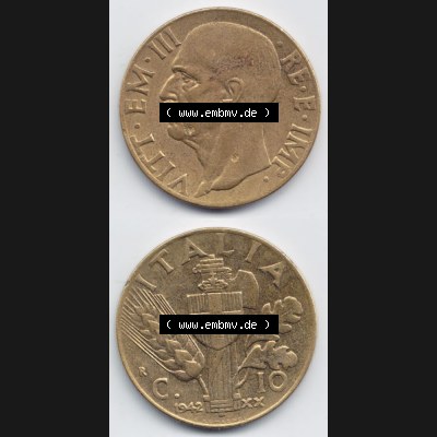 Münzen Italien Umlaufmünze 1939-1943, 10 Centesimi 1942. Vorderseite und Rückseite vertikal untereinander auf einen digitalen Bild der alten italienischen Münze aus Italien... Sammlung