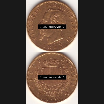 Münzen Italien Goldmünze 1861-1870, 20 Lire Vittorio Emanuele I. Goldmünze 1863. Vorderseite und Rückseite vertikal untereinander auf einen digitalen Bild der alten... Sammlung