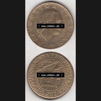 Münzen Italien Gedenkmünze 1992-1992, 200 Lire Briefmarkenausstellung in Genua, Münzseiten Vertikal für Mobile-Geräte zum Download Sammlung
