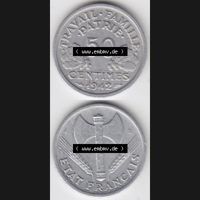 Münze Frankreich 1942-1944, 50 Centimes, Cent 1942. Vorderseite und Rückseite vertikal auf einen digitalen Bild der alten französischen Umlaufmünze aus Frankreich... Sammlung