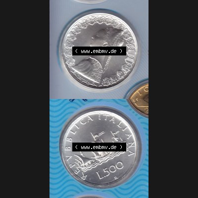 Münzen Italien Umlaufmünze 1958-2001, 500 Lira-LIre Silber 2001. Vorderseite und Rückseite vertikal untereinander auf einen digitalen Bild der alten italienischen Münze... Sammlung