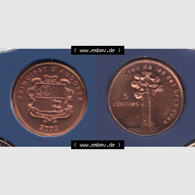 Münzen Andorra Sammlermünze aus KMS 2003, 5 Centims, Siebeneckiges Kreuz. Vorderseite und Rückseite horizontal auf einen digitalen Bild der alten Diner Umlaufmünze... Sammlung
