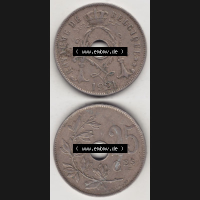 Münzen Belgien Umlaufmünze 1913-1929, 25 Ces, 1921 Centimes Belgique. Vorderseite und Rückseite vertikal auf einen digitalen Bild der alten belgischen Francs Umlaufmünze... Sammlung