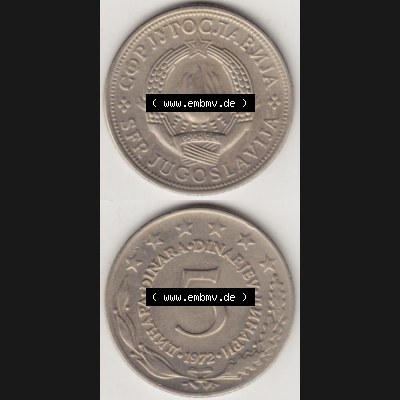 Münzen Jugoslawien Umlaufmünze 1971-1981, 5 Dinar 1972, Münzseiten Vertikal für Mobile-Geräte als Bildmaterial Sammlung