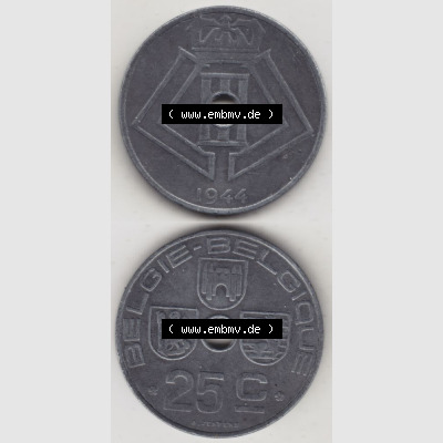 Münzen Belgien Umlaufmünze 1942-1946, 25 Centimes 1944 Belgie - Belgique. Vorderseite und Rückseite vertikal auf einen digitalen Bild der alten belgischen Francs Umlaufmünze... Sammlung