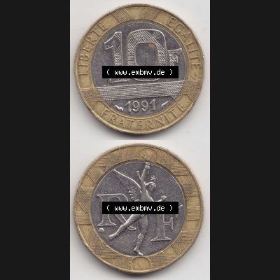 Münze Frankreich 1991, 10 Francs. Vorderseite und Rückseite vertikal auf einen digitalen Bild der alten französischen Umlaufmünze aus Frankreich in der Francs-Währung... Sammlung