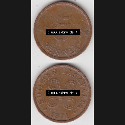 Münzen Finnland Umlaufmünze 1963-1977, 5 Penniä 1971. Vorderseite und Rückseite vertikal auf einen digitalen Bild der alten finnischen Umlaufmünze aus Finnland SUOMI... Sammlung