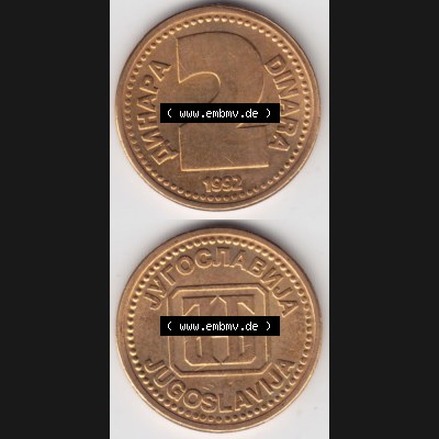 Münzen Jugoslawien Umlaufmünze 1992-1992, 2 Dinara, Anhapa, Dinar, Münzseiten Vertikal für Mobile-Geräte als Bildmaterial Sammlung