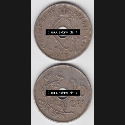 Münzen Belgien Umlaufmünze 1913-1929, 25 Ces, Centimes, Cent Koninkrijk Belgie. Vorderseite und Rückseite vertikal auf einen digitalen Bild der alten belgischen... Sammlung