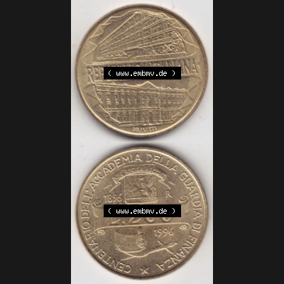 Münzen Italien Gedenkmünze 1996-1996, 200 Lire Zollakademie. Vorderseite und Rückseite vertikal untereinander auf einen digitalen Bild der alten italienischen Münze aus... Sammlung
