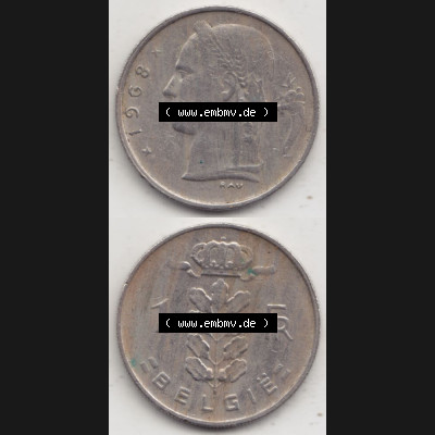 Münzen Belgien Umlaufmünze 1950-1988, 1 Francs-Franken 1968 Belgie. Vorderseite und Rückseite vertikal auf einen digitalen Bild der alten belgischen Francs Umlaufmünze... Sammlung