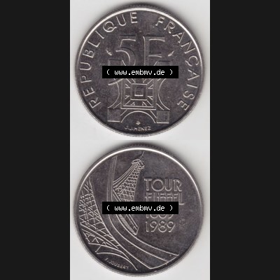 Münze Frankreich 1989-1989, 5 Francs Franken Eiffelturm. Vorderseite und Rückseite vertikal auf einen digitalen Bild der alten französischen Umlaufmünze aus Frankreich... Sammlung