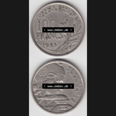 Münze Frankreich 1954-1958; 100 Francs, Franken Typ I. 1955. Vorderseite und Rückseite vertikal auf einen digitalen Bild der alten französischen Umlaufmünze... Sammlung