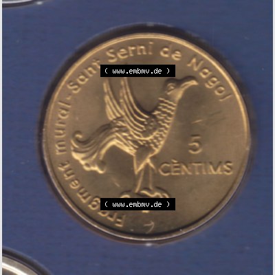 Münzen Andorra Sammlermünze aus KMS 2003, 5 Centimes, Sant Serni Kirche in Nagol. Rückseite der alten Diner Umlaufmünze aus Andorra vor Einführung der Euromünzen... Sammlung