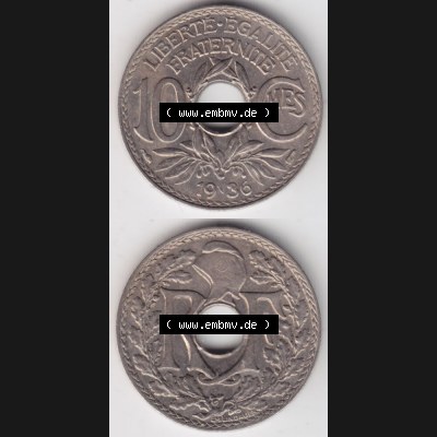 Münze Frankreich 1917-1938, 10 Centimes, Cent 1936. Vorderseite und Rückseite vertikal auf einen digitalen Bild der alten französischen Umlaufmünze 10 Cmes - Centimes... Sammlung