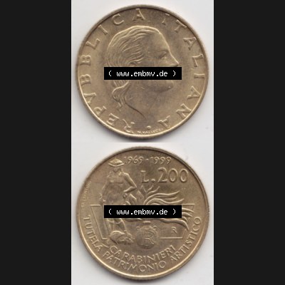 Münzen Italien Gedenkmünze 1999-1999, 200 Lire Carabinieri, Schutz der Kunsterbe, Münzseiten Vertikal für Mobile-Geräte zum Download Sammlung