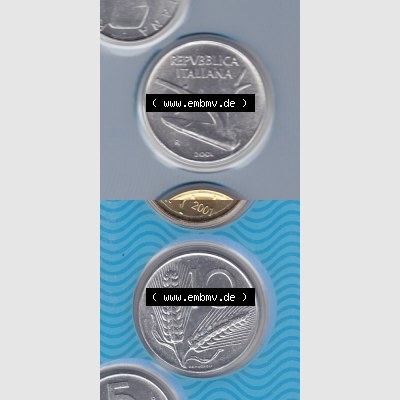 Münzen Italien Umlaufmünze 1951-2001, 10 Lira-Lire Kleine Münze 2001. Vorderseite und Rückseite vertikal untereinander auf einen digitalen Bild der alten italienischen... Sammlung