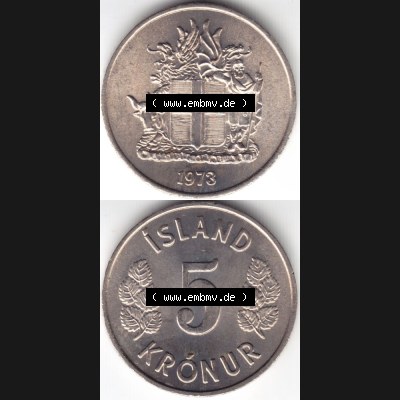 Münzen Island Umlaufmünze 1969-1980, 5 Kronur, Kronen 1973. Vorderseite und Rückseite vertikal untereinander auf einen digitalen Bild der alten Isländischen Umlaufmünze... Sammlung