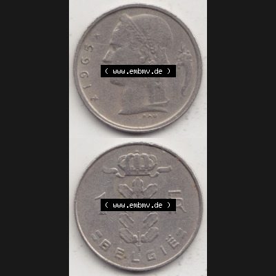 Münzen Belgien Umlaufmünze 1950-1988, 1 Francs-Franken 1965 Belgie. Vorderseite und Rückseite vertikal auf einen digitalen Bild der alten belgischen Francs Umlaufmünze... Sammlung
