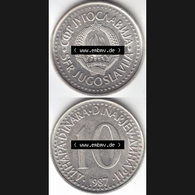 Münzen Jugoslawien Umlaufmünze 1982-1988, 10 Dinara, Dinarjev 1987, Münzseiten Vertikal für Mobile-Geräte als Bildmaterial Sammlung