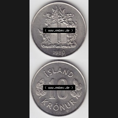 Münzen Island Umlaufmünze 1967-1980, 10 Kronur, Kronen 1980. Vorderseite und Rückseite vertikal untereinander auf einen digitalen Bild der alten Isländischen Umlaufmünze... Sammlung