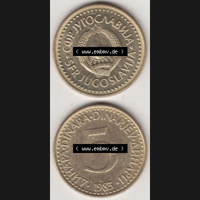 Münzen Jugoslawien Umlaufmünze 1982-1986, 5 Dinar 1983, Münzseiten Vertikal für Mobile-Geräte als Bildmaterial Sammlung