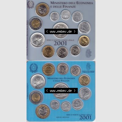 Münzen Italien KMS Münzensatz 2001-2001, Münzsatz von Italien 1 Lira bis 1000 Lire Innenseite. Vorderseite und Rückseite vertikal untereinander auf einen digitalen Bild... Sammlung