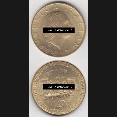 Münzen Italien Gedenkmünze 1989-1989, 200 Lire Marinebasis Tarent. Vorderseite und Rückseite vertikal untereinander auf einen digitalen Bild der alten italienischen Münze... Sammlung