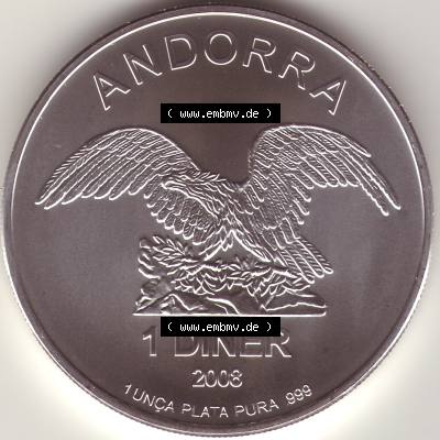 Münzen Andorra Edelmetallmünze 2008-2014, 1 Diner Silbermünze, Wappen von Andorra 2008. Vorderseite der alten Diner Umlaufmünze aus Andorra vor Einführung der... Sammlung