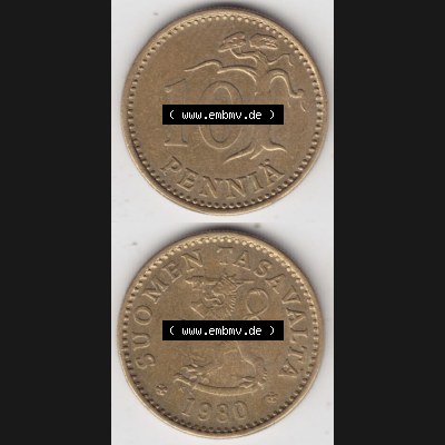 Münzen Finnland Umlaufmünze 1963-1982, 10 Penniä 1980. Vorderseite und Rückseite vertikal auf einen digitalen Bild der alten finnischen Umlaufmünze aus Finnland SUOMI... Sammlung