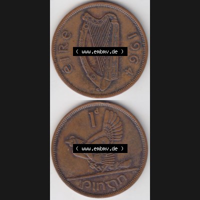 Münzen Irland Umlaufmünze 1940-1968, 1 Penny 1964. Vorderseite und Rückseite vertikal untereinander auf einen digitalen Bild der alten irischen Umlaufmünze aus Irland in... Sammlung