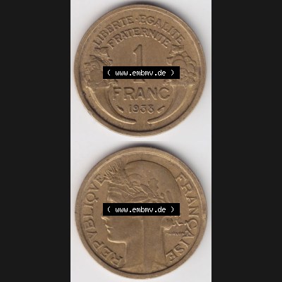 Münze Frankreich 1931-1941, 1 Francs, Franken 1938. Vorderseite und Rückseite vertikal auf einen digitalen Bild der alten französischen Umlaufmünze aus Frankreich... Sammlung