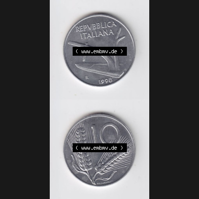 Münzen Italien Umlaufmünze 1951-2001, 10 Lira bzw. Lire 1998. Vorderseite und Rückseite vertikal untereinander auf einen digitalen Bild der alten italienischen Münze... Sammlung