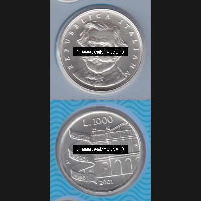 Münzen Italien Gedenkmünze 2001-2001, 1000 Lira-Lire Silbermünze. Vorderseite und Rückseite vertikal untereinander auf einen digitalen Bild der alten italienischen Münze... Sammlung