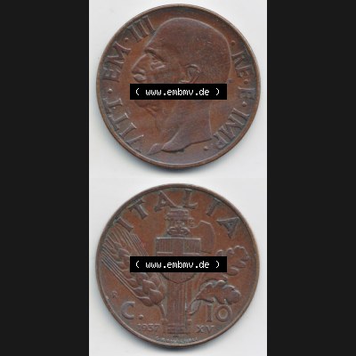 Münzen Italien Umlaufmünze 1936-1939, 10 Centesimi 1937, Münzseiten Vertikal für Mobile-Geräte zum Download Sammlung