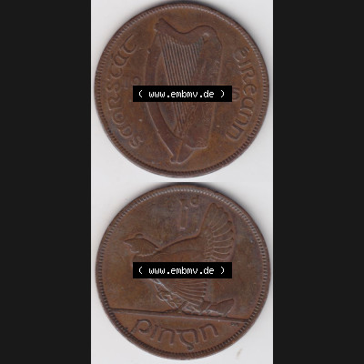 Münzen Irland Umlaufmünze 1928-1937, 1 Penny, Pence 1935. Vorderseite und Rückseite vertikal untereinander auf einen digitalen Bild der alten irischen Umlaufmünze... Sammlung