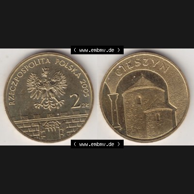 Münzen Polen Gedenkmünze 2005-2005, 2 Zloty, Historische Städte Polens - Cieszyn, Münzseiten Untereinander als Bildmaterial Sammlung