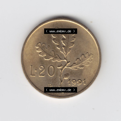 Münzen Italien Umlaufmünze 1956-2001, 20 Lira bzw. Lire 1991. Rückseite der alten italienischen Münze aus Italien in der italienischen Lira-Währung zum katalogisieren... Sammlung