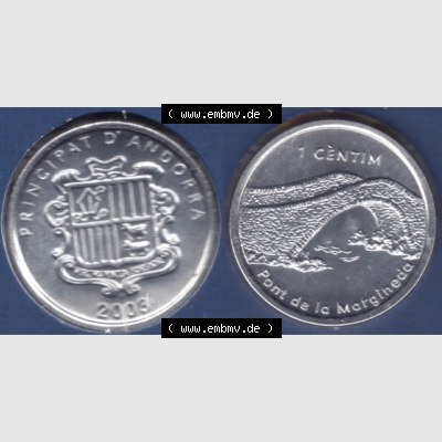 Münzen Andorra Sammlermünze aus KMS 2003, 1 Centime, Brücke von Margineda. Vorderseite und Rückseite horizontal auf einen digitalen Bild der alten Diner Umlaufmünze... Sammlung