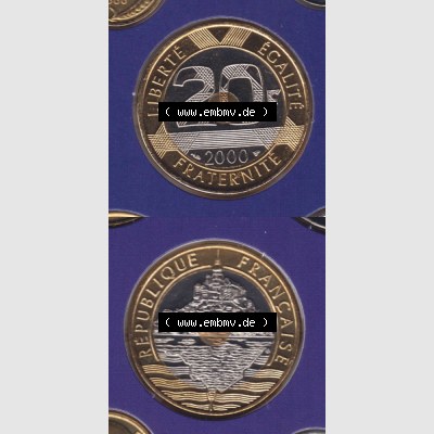 Münze Frankreich 2000, 20 Francs. Vorderseite und Rückseite vertikal auf einen digitalen Bild der alten französischen Umlaufmünze aus Frankreich in der Francs-Währung... Sammlung