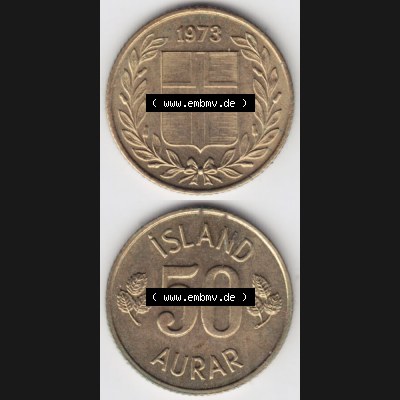 Münzen Island Umlaufmünze 1969-1974, 50 Aurar 1973. Vorderseite und Rückseite vertikal untereinander auf einen digitalen Bild der alten Isländischen Umlaufmünze aus... Sammlung